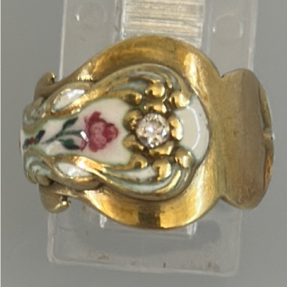 14k Diamond Enamel Elegant Gold and Floral Ring - Picture 1 of 10